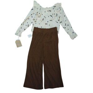 Grayson Collective Girls 4T Outfit with Leaf Print Cotton Top and Brown Pants.